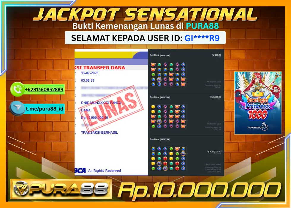 PURA88 JACKPOT STARLIGHT PRINCESS 1000 Rp 10.000.000,- LUNAS